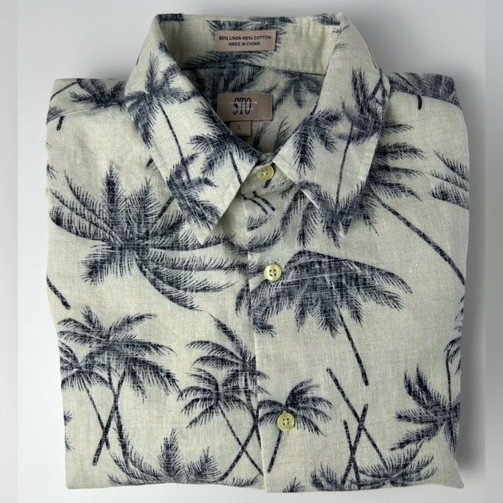 STO Men's Linen Cotton Hawaiian Shirt Palm‎ Tree Print Beige Black Size L